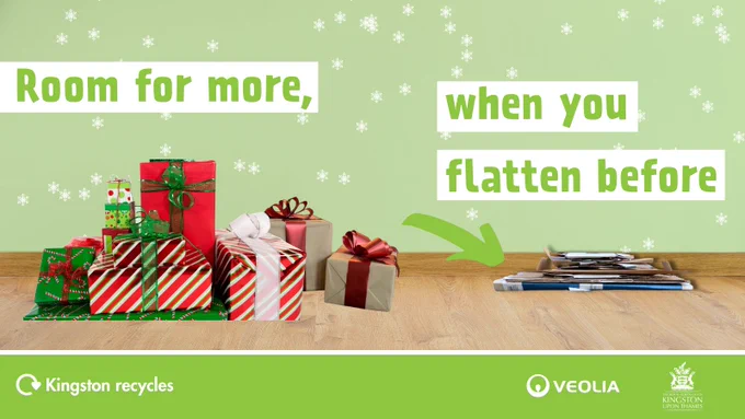 A pile of box shaped presents and then next to
it an arrow pointing to compacted boxes. The
caption reads: Room for more, when you
flatten before