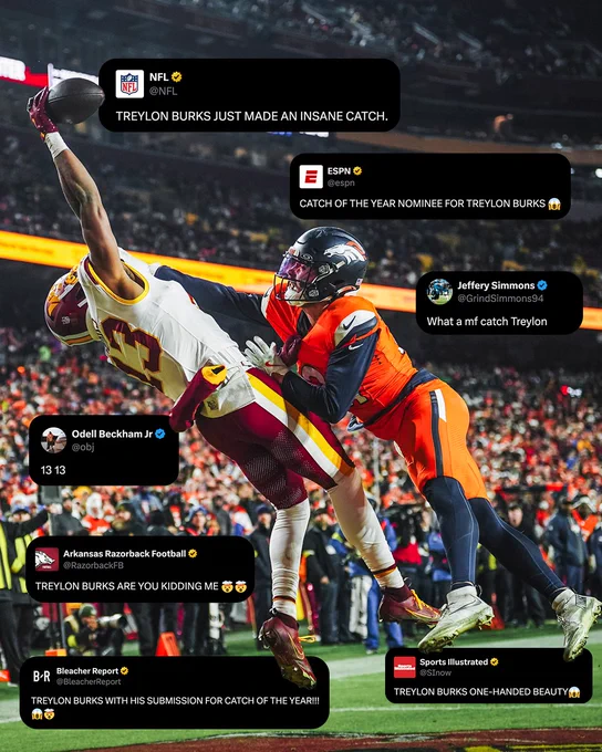 Photo of Treylon Burks making a one-handed catch over Denver Broncos player Riley Moss. The photo has screenshots of tweets on it from a variety of different accounts.  