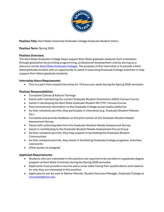 Information about the Spring 2026 Kent State University Graduate College Graduate Student Intern position.