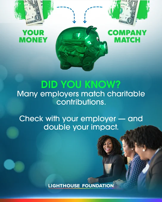 Green piggy bank with arrows showing money contributions from employee and company match above text about employers matching charitable donations.