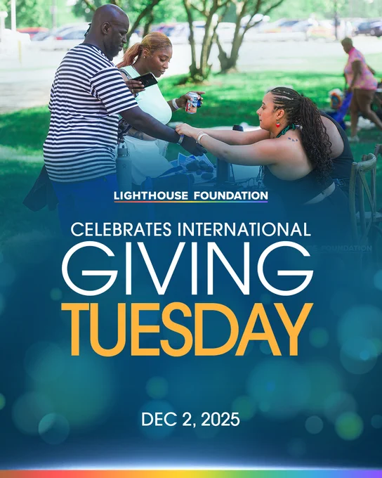 People exchanging items outdoors during a community event promoting Giving Tuesday by Lighthouse Foundation.