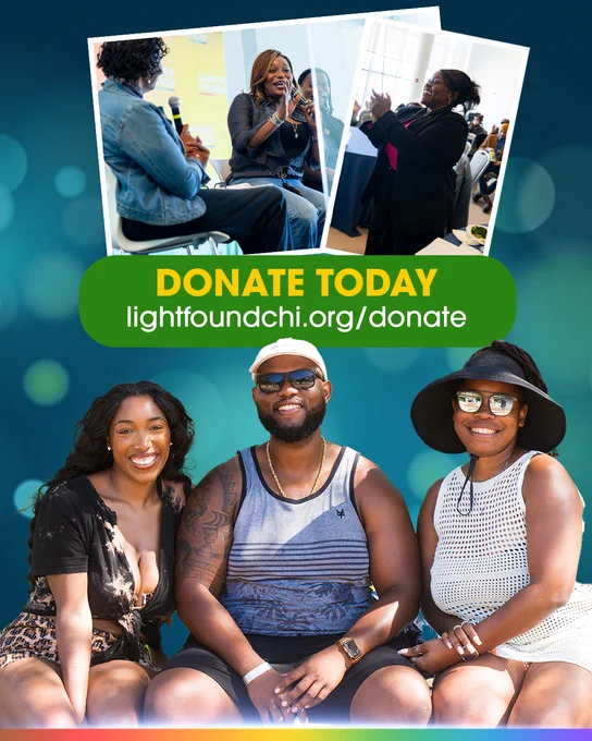 Three diverse individuals sitting together, promoting donations for Light Found Chi with a call to action and website link.