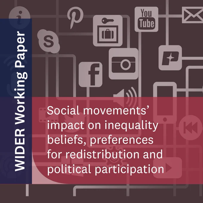 Picture depicting social media networks and text that reads "WIDER Working Paper: Social movements' impact on inequality beliefs, preferences for redistribution and political participation"