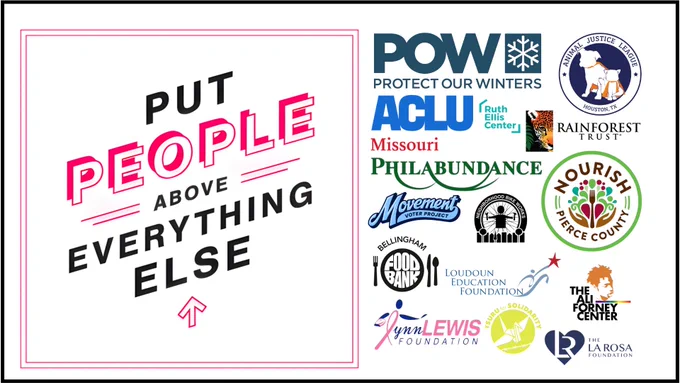 A graphic split into two sections. On the left, bold pink and black text reads “Put People Above Everything Else” with a small upward arrow below. On the right, a collage of nonprofit logos representing the organizations supported through Social Driver’s microgrant program. Logos include Protect Our Winters, ACLU Missouri, Ruth Ellis Center, Animal Justice League Houston, Rainforest Trust, Philabundance, Movement Voter Project, Neighborhood Bike Works, Nourish Pierce County, Bellingham Food Bank, Loudoun Education Foundation, Lynn Lewis Foundation, Soutr for Solidarity, The Ali Forney Center, and The La Rosa Foundation.