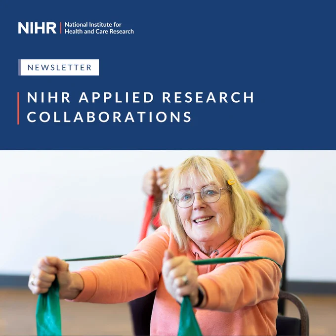 NIHR applied research collaborations newsletter. picture of a middle aged lady doing chair stretch exercise class 