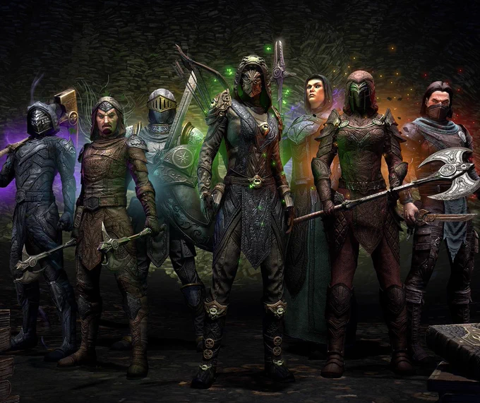 The classes of Tamriel stand together, clad in their class sets. 