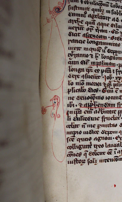 The doodle is very small and drawn in red ink. It has a face and some sort of hood or cap. A leaf on a stalk sticks out of its mouth. It is looking away from the text.