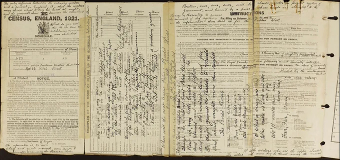 Alt Text: "An open vintage document titled 'Census, England, 1921', displaying two pages filled with handwritten entries and annotations. Instructions for enumerators are visible on the right margin."