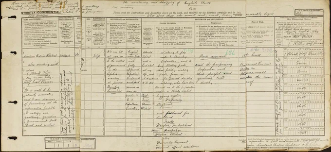 Historical document filled out with detailed hand-written notes and structured tables across its width. The document is aged, with evident wear at the folds.