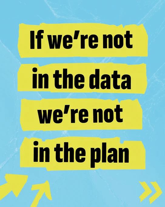 Blue textured background with yellow tape and bold black text reading: If we're not in the data, we're not in the plan