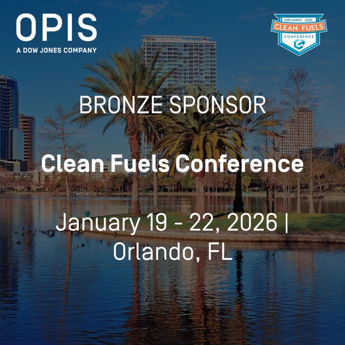 Promotional image for the OPIS Clean Fuels Conference in Orlando, FL from January 19-22, 2026, featuring a scenic view of a lake with palm trees and urban skyline in the background. Text states OPIS as a bronze sponsor.