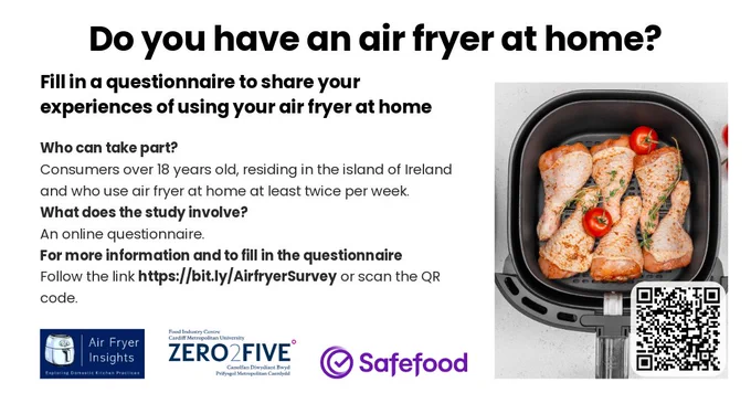 Flyer titled ‘Do you have an air fryer at home?’. Text invites adults over 18 living on the island of Ireland who use an air fryer at least twice per week to complete an online questionnaire about their experiences. Includes details on eligibility, that the study involves an online questionnaire, and a link to https://bit.ly/AirfryerSurvey
 plus a QR code. On the right side is an overhead photo of an air fryer basket filled with seasoned chicken drumsticks and cherry tomatoes. Logos for Air Fryer Insights, ZERO2FIVE Cardiff Metropolitan University, and Safefood appear along the bottom.