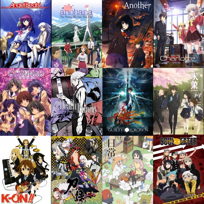 Angel Beats!
 Anohana
 Another
 Charlotte
 Clannad
 Death Parade
 Guilty Crown
 Hyouka
 K-On!
 Katanagatari
 Nichijou
 Soul Eater