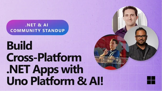 spot art.
Photo of presenter(s).
text reads: .NET AI Community Standup - Build Cross-Platform .NET Apps with Uno Platform & AI!