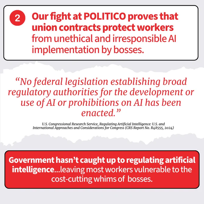 Graphic stating that the Politico arbitration proves union contracts protect workers from unethical AI implementation. A large quote from the US Congressional Research Service notes that no broad federal AI regulatory framework exists. Text below explains that government hasn’t caught up to regulating AI, leaving workers vulnerable to cost-cutting by employers.