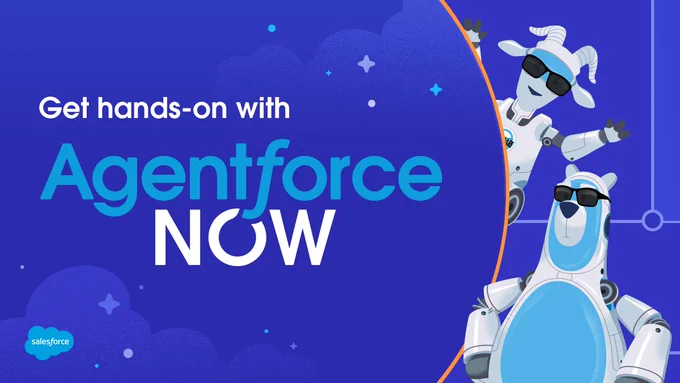 Promotional graphic for "Agentforce Now" featuring Agent Cloudy and Agent Cody. The background includes a purple to teal gradient with decorative elements.