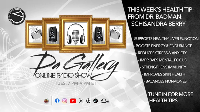 #HealthTip by Dr. BadMan on the previous show about #Schisandra

Disclaimer: He is not a real doctor. He just plays one on the #radio.  Join @DaGalleryShow with @BenyaminBMB
every Tues from 7-9 PM ET

http://facebook.com/DaGalleryShow/ http://youtube.com/DaGallery

#DaGallery #SchisandraBerry