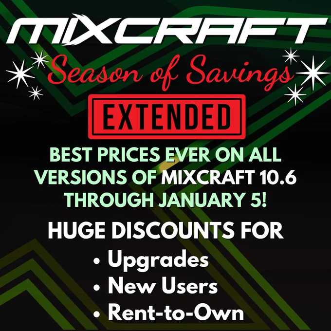 Black Friday and Cyber Monday may be behind us, but you can still get incredible savings now during our Mixcraft Season of Savings Sale, which runs now through January 5th, 2026! Save up to 50% on Home Studio, Recording Studio, or Pro Studio, even Rent-to-Own at acoustica.com/news/mixcraft-season-of-savings-2025