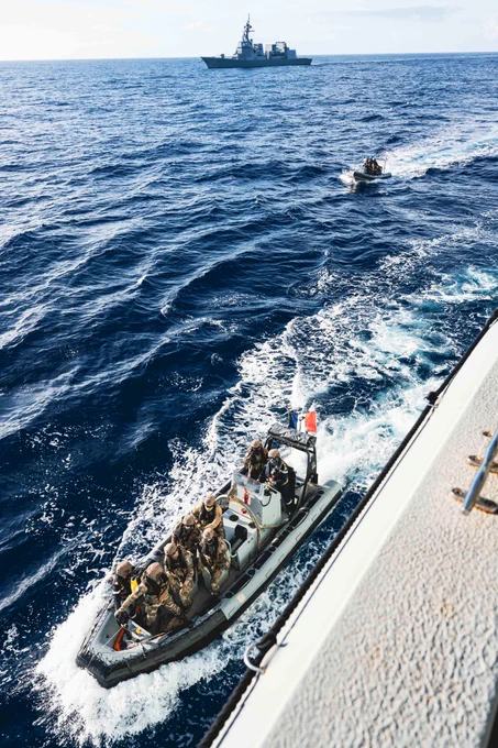 Members of French Ship (FS) PRAIRIAL Boarding Party come alongside His Majesty's Canadian Ship MAX BERNAYS during a Maritime Intradiction Operations Exercise as part of ANNUALEX at sea on 21 October 2025. 

Photo Credit: Sailor 1st Class Jordan Schilstra, Canadian Armed Forces Photo
