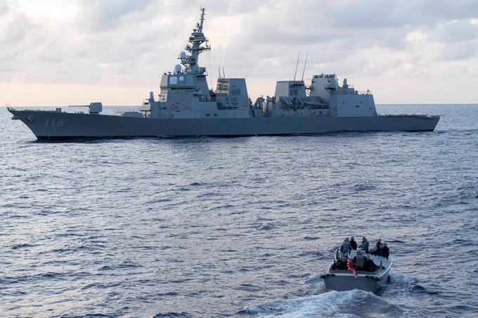Members of Japenese Ship (JS) TERUZUKI depart His Majesty's Canadian Ship MAX BERNAYS after a Maritime Intradiction Operations Exercise as part of ANNUALEX at sea on 21 October 2025. 

Photo Credit: Sailor 1st Class Jordan Schilstra, Canadian Armed Forces Photo
