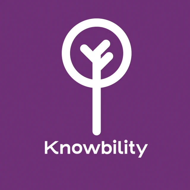 Knowbility tree logo with two prongs and a circle with a bright  purple background
