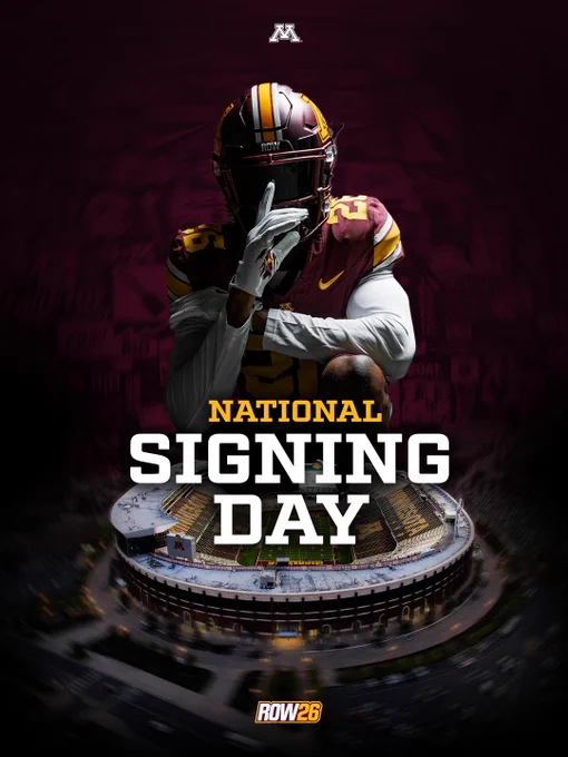 A football player in maroon gear with a stadium background and text "NATIONAL SIGNING DAY" in bold.