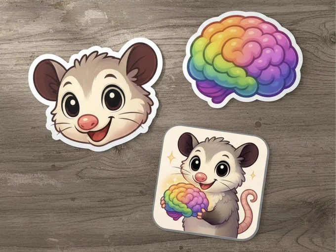 Three stickers for the POSSM paper on a table, picturing a possum, a brain, and a possum holding a brain.