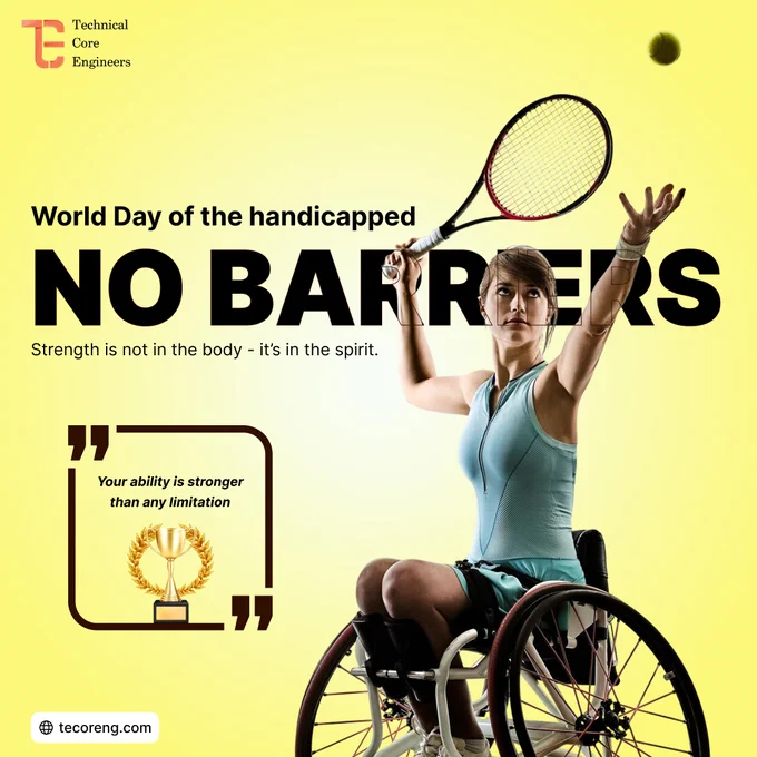 Wheelchair tennis player serving the ball with ‘No Barriers’ written for World Day of the Handicapped.