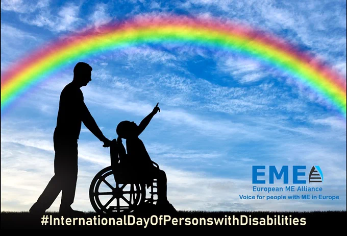 #InternationalDayOfPersonswithDisabilities  - an image of a child in a wheelchair being pushed by a parent looking up at a rainbow - hoping for a better future and believing in the intent of 'Fostering disability-inclusive societies for advancing social progress'