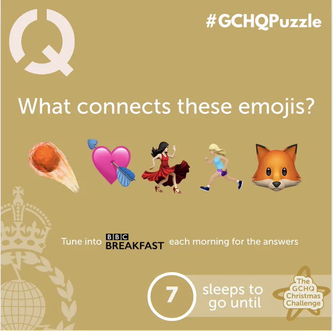 Promotional image for the GCHQ Christmas Challenge, featuring a hashtag #GCHQPuzzle with various emojis, including a comet, two hearts, a dancing figure, a running shoe, and a fox. Below, the text invites viewers to tune into BBC Breakfast and notes there are 7 sleeps until the event.