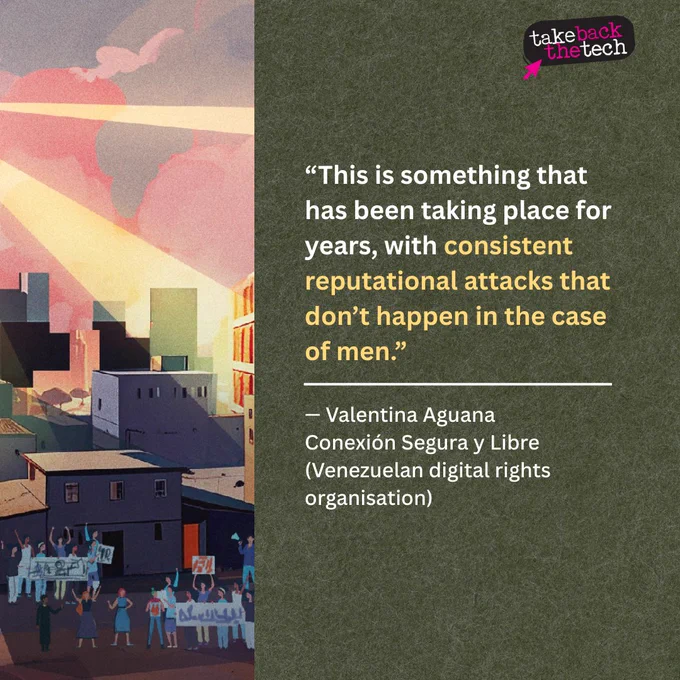 A partial illustration of a panopticon with light shining from it. Text: “This is something that has been taking place for years, with consistent reputational attacks that don’t happen in the case of men.” 
— Valentina Aguana
Conexión Segura y Libre (Venezuelan digital rights organisation)
