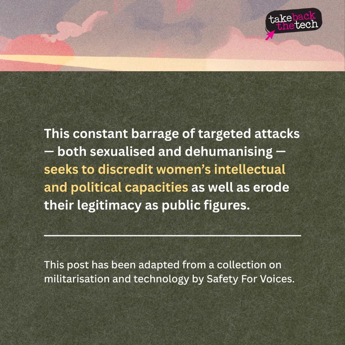 A partial illustration of a panopticon with light shining from it. Text: This constant barrage of targeted attacks — both sexualised and dehumanising — seeks to discredit women’s intellectual and political capacities as well as erode their legitimacy as public figures.

(in small text) This post has been adapted from a collection on militarisation and technology by Safety For Voices.
