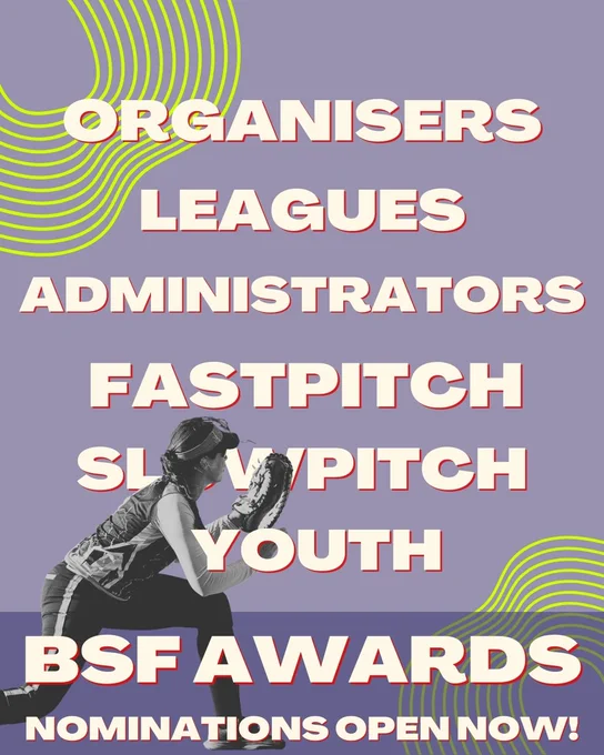 Female softball player catching, and list of words related to BSF Softball awards