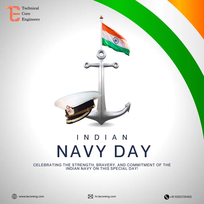 A graphic for Indian Navy Day featuring an anchor with the Indian flag on top and a naval officer’s cap placed beside it. The background includes curves in saffron, white, and green, symbolizing the Indian tricolor. Text reads: ‘Indian Navy Day narendra modi and droupadi murmu Celebrating with Admiral Dinesh Tripathi and Indian Navy the strength, bravery, and commitment of the Indian Navy.