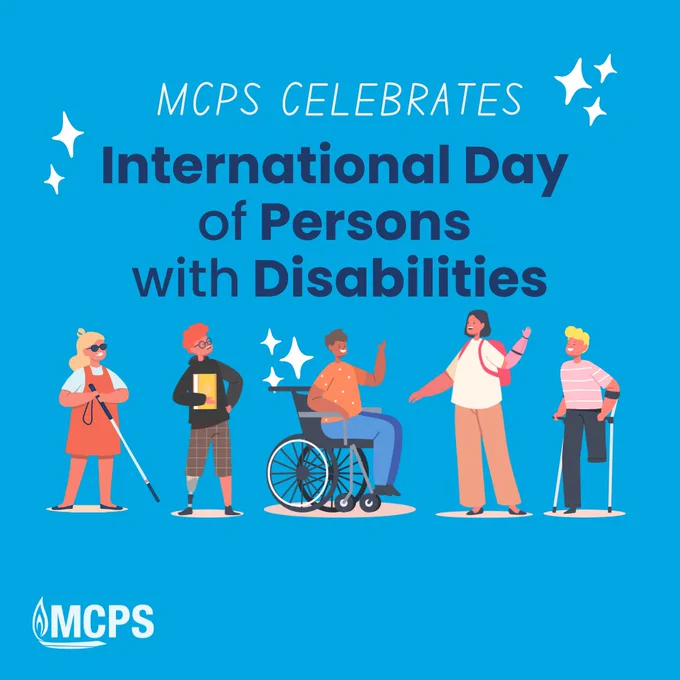 Diverse group of people with disabilities celebrating International Day, including individuals with a cane, wheelchair, prosthetic arm, and crutches on a blue background.