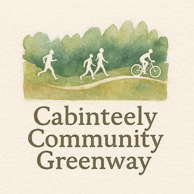 Text saying Cabinteely Community Greenway and illustration of people (one cycling) on path with trees behind