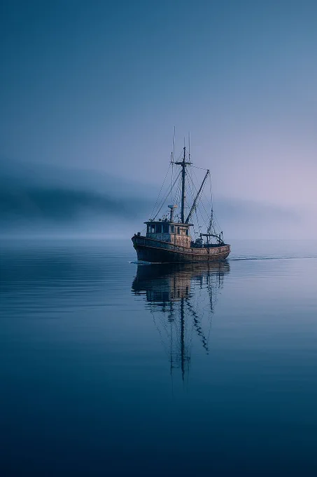 Digital art created by me - a solitary fishing boat at dawn, serene and reflective.
