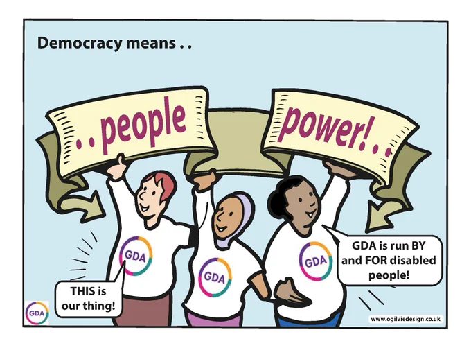 Graphic photo of 3 disabled members and Caption says "Democracy means..." then  banner says "People Power" . Disabled people are saying "THIS is our thing" and "GDA is run by and for disabled people"