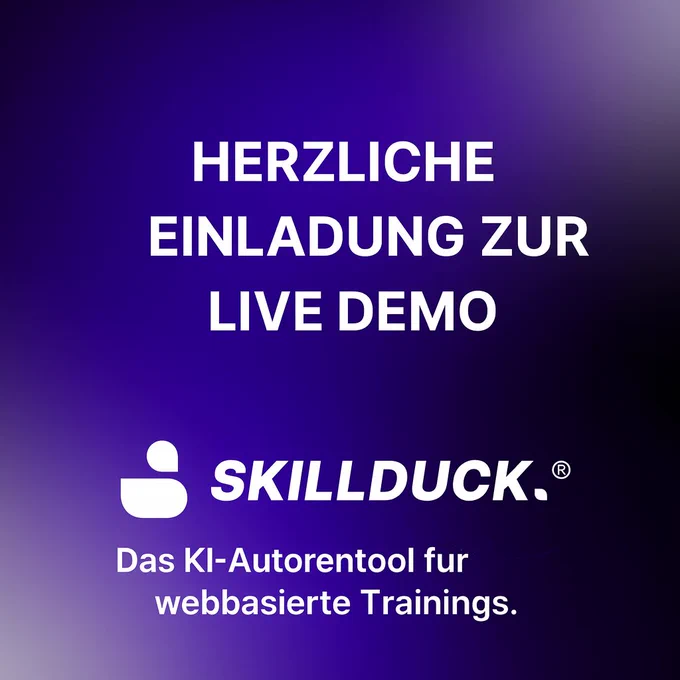 🚀 Live-Demo: SkillDuck® – KI-Autorentool für interaktive WBTs!

Sehen Sie, wie in wenigen Minuten komplette Web-Based Trainings erstellt werden – inkl. Quiz, Bildern, Grafiken & Videos. Alles DSGVO-konform & mehrsprachig.

📅 9. Dez 2025 | 14 Uhr | Online
✉️ Anmeldung: demo@skillduck.com

Perfekt für alle, die Wissen effizient skalieren und Lerninhalte professionell aufbereiten wollen.

#Weiterbildung #KI #AIAutorentool #CorporateLearning #SkillDuck

@philippramin @AnneKoark