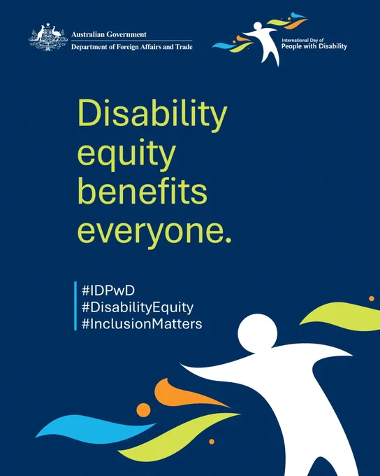 Social media tile that reads 'Disability equity benefits everyone', with hashtags and the Australian Government logo.