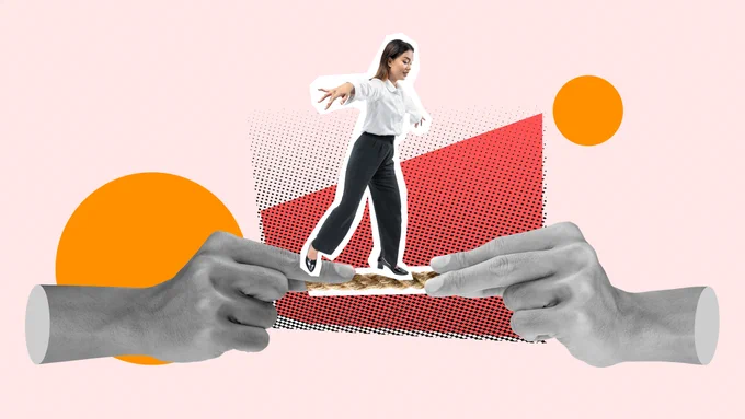 A colourful abstract illustration showing a woman in professional clothing balancing on a line between two hands. The background is pale pink with orange and red shapes.