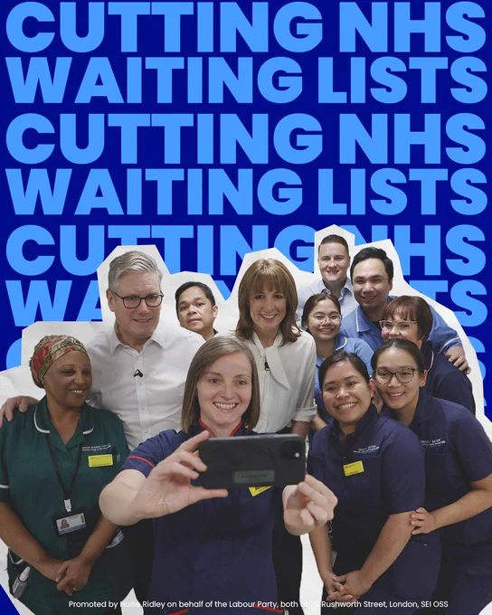 Cutout of Keir Starmer, Rachel Reeves and Wes Streeting taking a selfie with NHS workers against a blue background that says 'cutting NHS waiting lists'