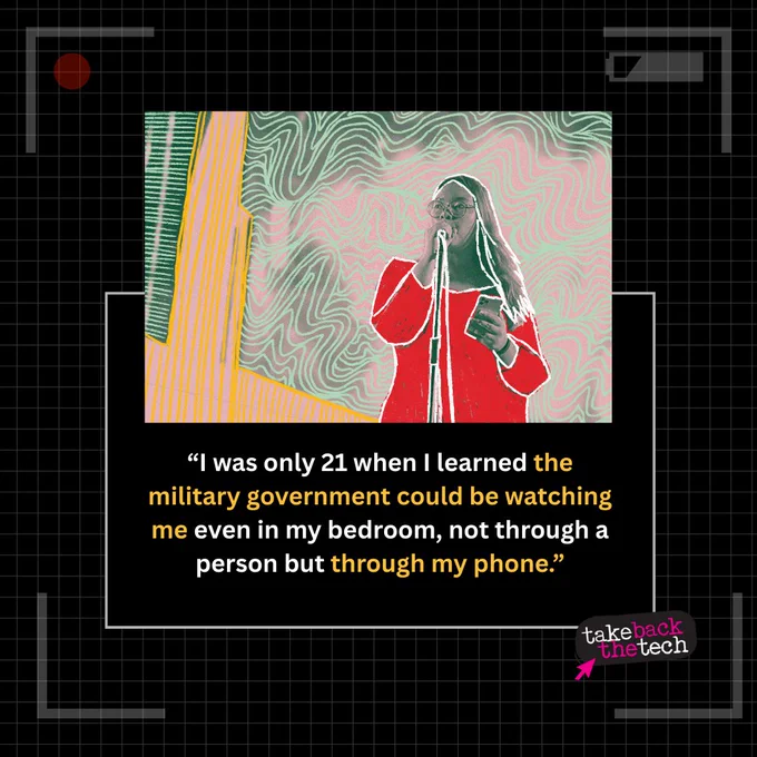 Outlined illustration of a woman speaking on a mic. Text: “I was only 21 when I learned the military government could be watching me even in my bedroom, not through a person but through my phone.”