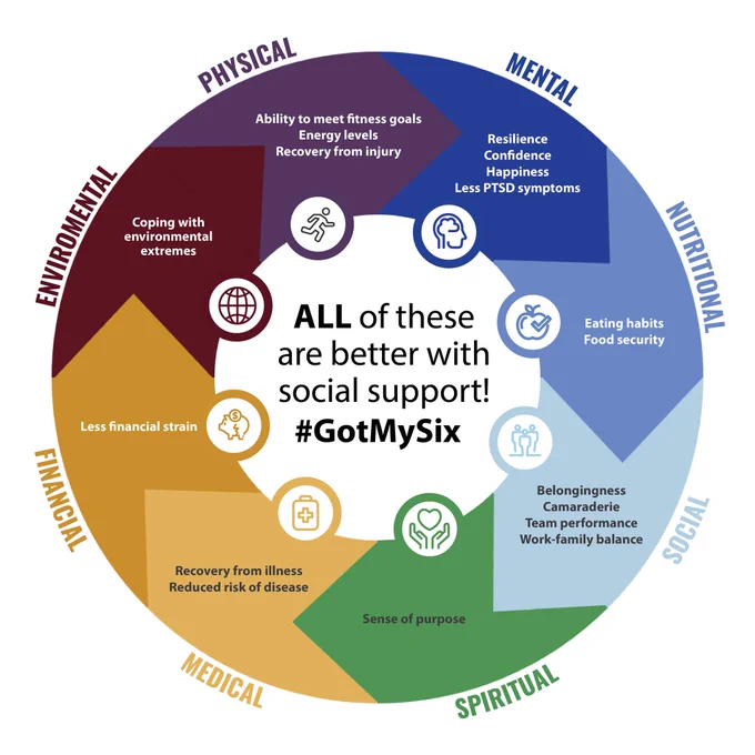 Circular infographic showing six wellness categories improved by social support: physical, mental, nutritional, social, spiritual, medical, financial, and environmental.