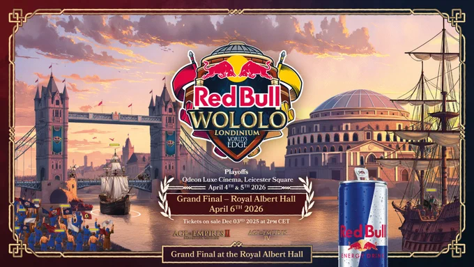 Promotional graphic for Red Bull Wololo: Londinium, an Age of Empires II: Definitive Edition and Age of Empires IV: Anniversary Edition tournament hosted by Red Bull Gaming happening in London in 2026. The Red Bull Wololo: Londinium logo is centered in front of icon London architecture at twilight under a cloudy sky, with wooden sailing ships crossing the Thames River beneath Tower Bridge while villagers, monks, and other units watch on the shore. A shiny Red Bull can covered in condensation is positioned in the lower right. 

Image text: Playoffs: Luxe Cinema, Leicester Square. April 4th & 5th, 2026. Grand Final - Royal Albert Hall. April 6th, 2026. Tickets on sale December 3rd, 2025 at 2pm CET. 

The Age of Empires II: Definitive Edition and Age of Empires IV logos are centered beneath it. 