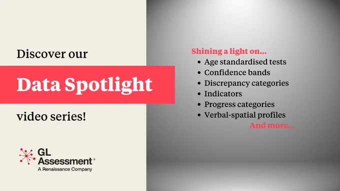 Promotional image for GL Assessment's Data Spotlight video series. The left side features text 'Discover our Data Spotlight video series!' with the GL Assessment logo at the bottom. The right side lists topics covered in the series, such as confidence bands and discrepancy categories, against a red background.