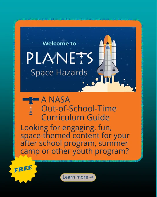 Image 1: Drawing of a rocket on the right with description of PLANETS space-themed educational content for after school, summer camps, or other youth programs 