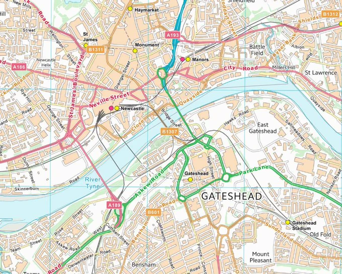 OS VectorMap District extract from the November 2025 data for the Newcastle and Gateshead central areas, showing (or rather not showing) the recently removed Gateshead Flyover.