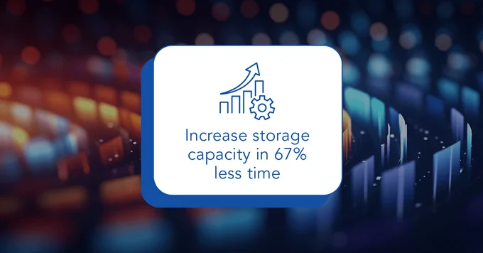 Graphic showing a rising bar chart with a gear icon and text about increasing storage capacity in 67% less time