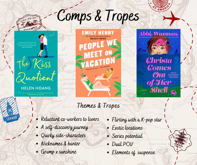 Map background.
Labeled Comps & Tropes.
Featuring book covers of The Kiss Quotient by Helen Hoang, People We Meet On Vacation by Emily Henry and Christa Comes Out of Her Shell by Abbi Waxman.
Below it are Themes and Tropes:
Reluctant co-workers to lovers
A self-discovery journey
Quirky side-characters
Nicknames & banter
Grump x sunshine
Flirting with a K-pop star
Exotic locations
Series potential
Dual POV
Elements of suspense

